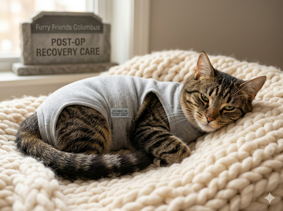 Cat wearing a recovery surgical garment